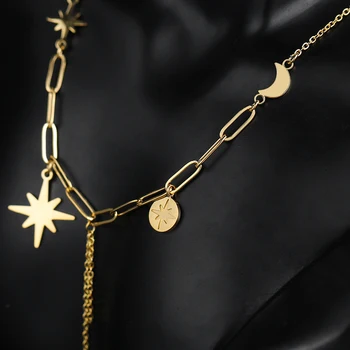 Custom Statement Titanium Stainless Steel Jewellery 18K Gold Plated Pearl Moon Star Pendant Necklace For Women