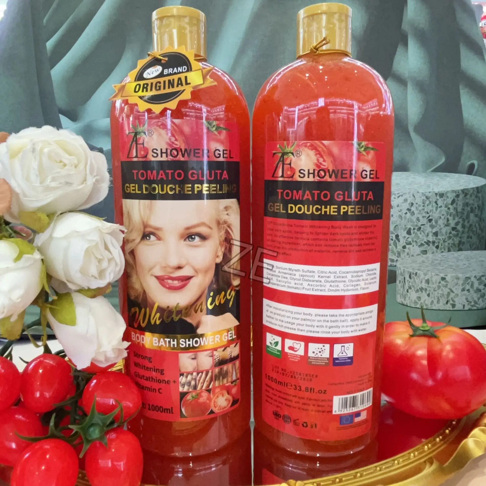 Wholesale Original Tomato Body Wash Organic Body Wash AHA Kojic Gluta Whitening Exfoliating Shower Gel 1000ml