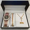 Reloj rosa negro + accesorios dorados + caja