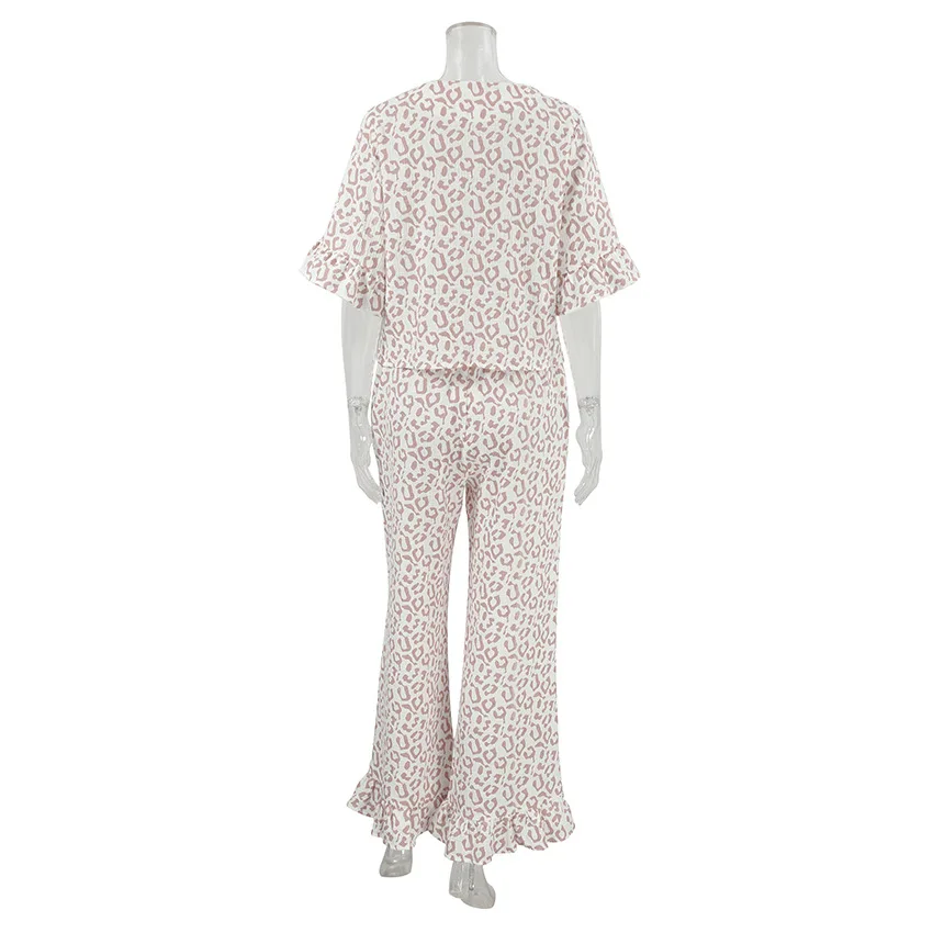 Autumn loose-fitting breathable ruffled short sleeves and long-sleeved two-piece loungewear set. — detail