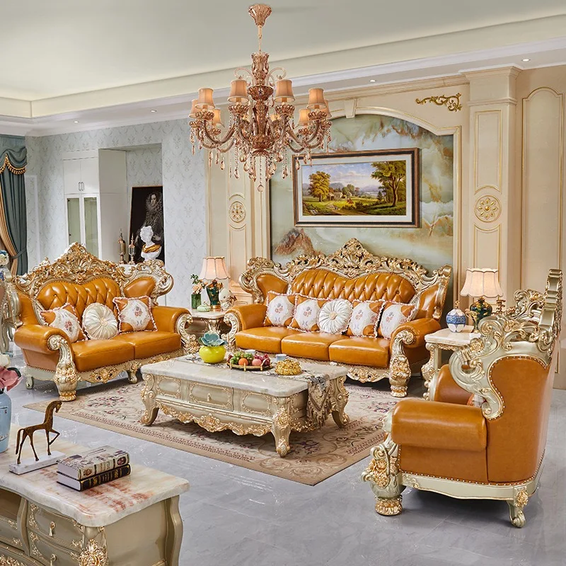 European Style Leather Sofa Living Room Furniture Gold Frame Furniture ...