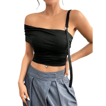 Good Quality Black Women's Crop Top T Shirt Low Price One Shoulder Strap Tank Top For Export