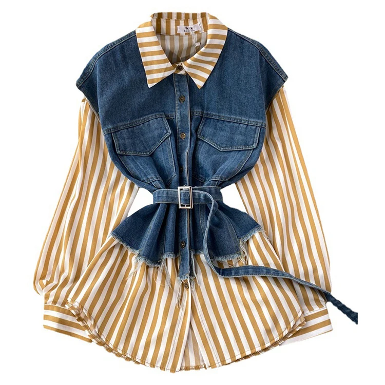 Fashion Breathable Skinny Fit Long Sleeve Two Piece Shirt Clip Patchwork Striped Casual Irregular Women Denim Shirts Contrast