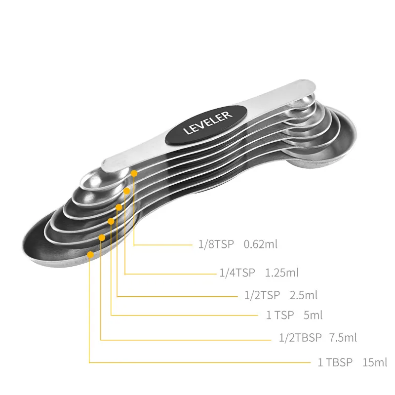 Amazon hot sell 7 piece stainless steel stackable magnetic measuring spoons set