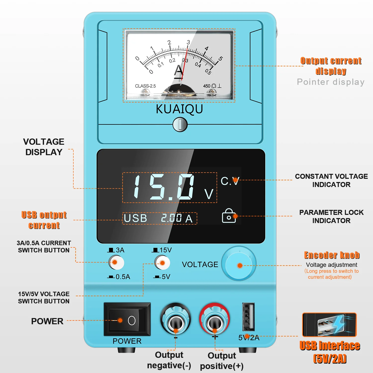 Adjustable 15V 3A Linear DC Power Supply Analog-Digital Display Large Transformer for Phone Repair Lab Source 45W Output 220V
