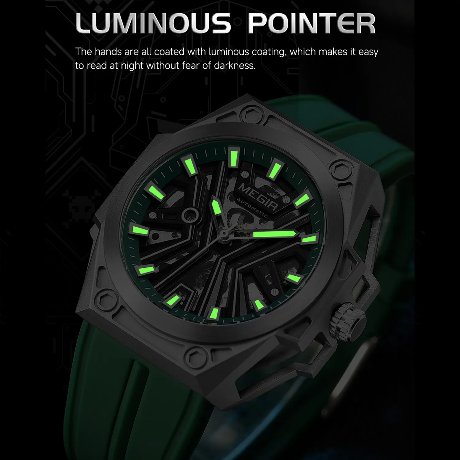 MEGIR 8603 Automatic Movement Watches for Men Luxury Hollow Out Waterproof Night Glow Sports Wristwatch Clock Mechanical Watch