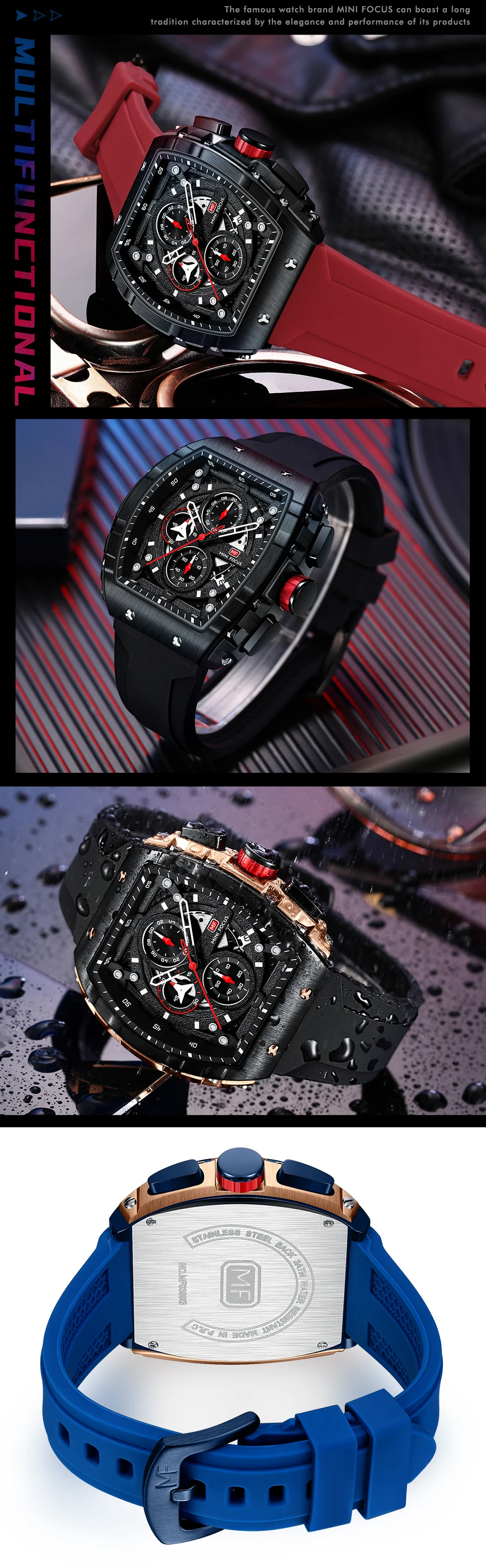 Mini Focus 0399 MF New Multifunction Square Quartz Watch for Man Waterproof Reloj Cuadrado Calendar Silicone Relogio Masculino