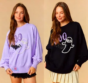 25 Women's Casual Long Sleeve Sweatshirt for Autumn Winter European American Style Embroidered Ghost Bat Halloween