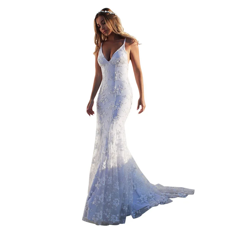 One Piece Sell High Quality Women V Neck Sleeveless Dresses Luxury White Evening Wedding Bridal Gown Dress