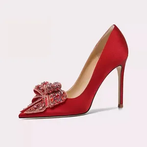 Lily Wei Red Satin Luster Texture Wedding Shoes Women's Satin Pointed Toe Crystal Bow Multi-scene Evening Bridal Pumps
