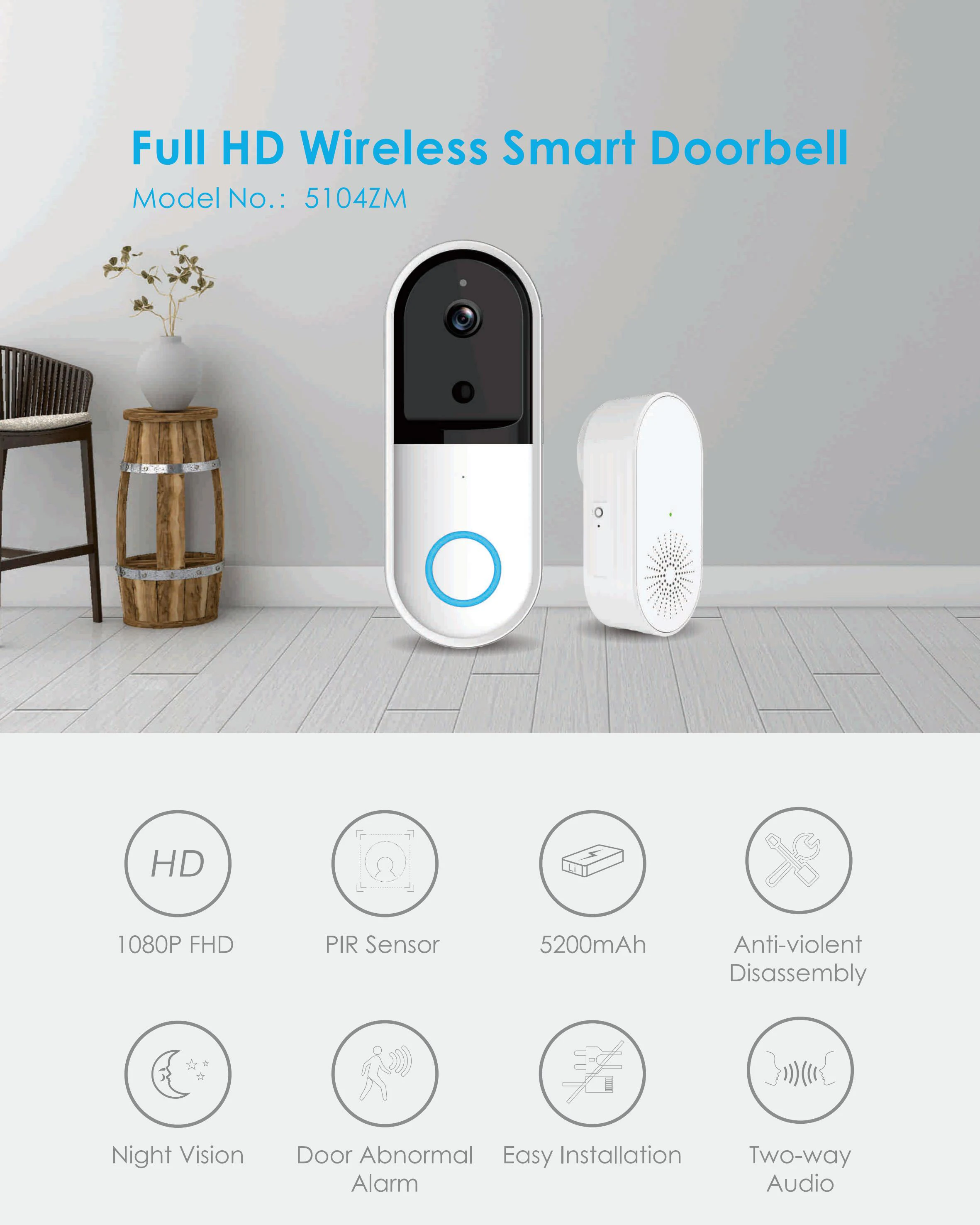 Wireless 1080P HD Video Intercom Doorbell with Security Chime & Color Camera IOS Compatible