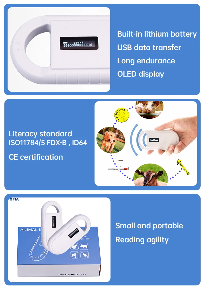 24/7 OLED White Animal Microchip Scanner With Built-In Buzzer Rfid Reader Handheld