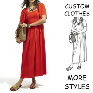 Custom Maxi Square Neck Linen A-Line Dresses Women Casual Short Puff Sleeves Shirred Top Fashionable Wholesale Solid Pattern