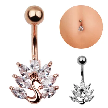 Exquisite Fashion Stainless Crystal Belly Button Rings Zircon Peacock Navel Body Jewelry for Women Curved Ear Barbell Piercing