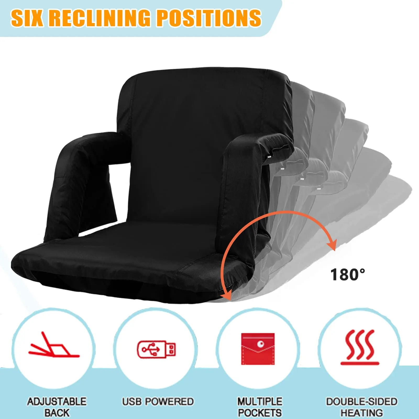Outdoor 3 Level Heating Adjustable Arm Back Support USB Heated Camping Chair Heated Stadium Seats for Bleachers