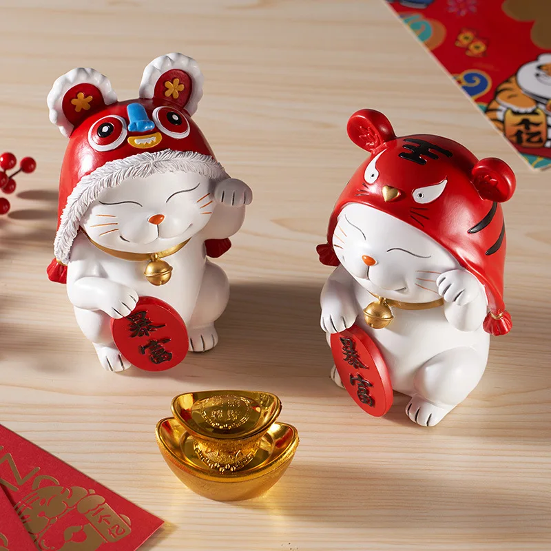 Resin Lucky Cat Figurines For Interior Home Office Living Room Bedroom
