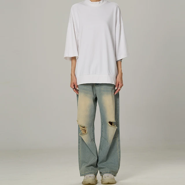 High Quality Unisex Pure Cotton Short Sleeve T-Shirt Small High Collar Batwing Sleeves Loose Wholesale Eco-Friendly Anti-Pilling