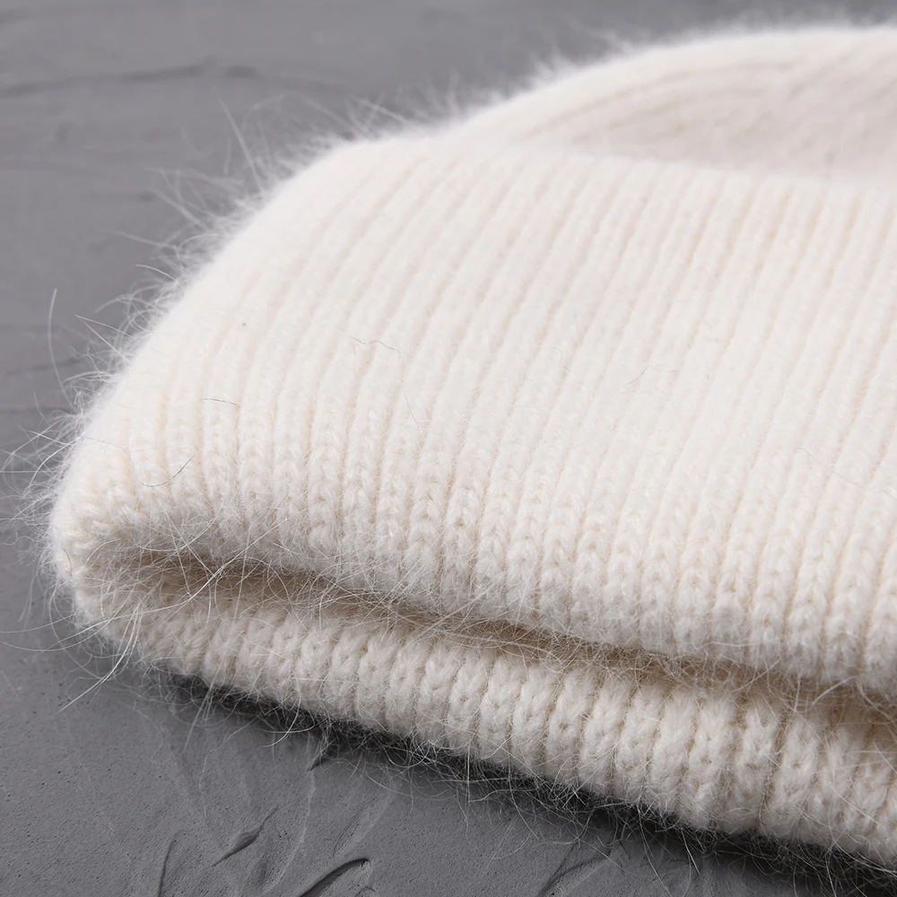 Outdoor Double Flap Thick Fluffy Angora Rabbit Fur Beanie Hat Striped ...