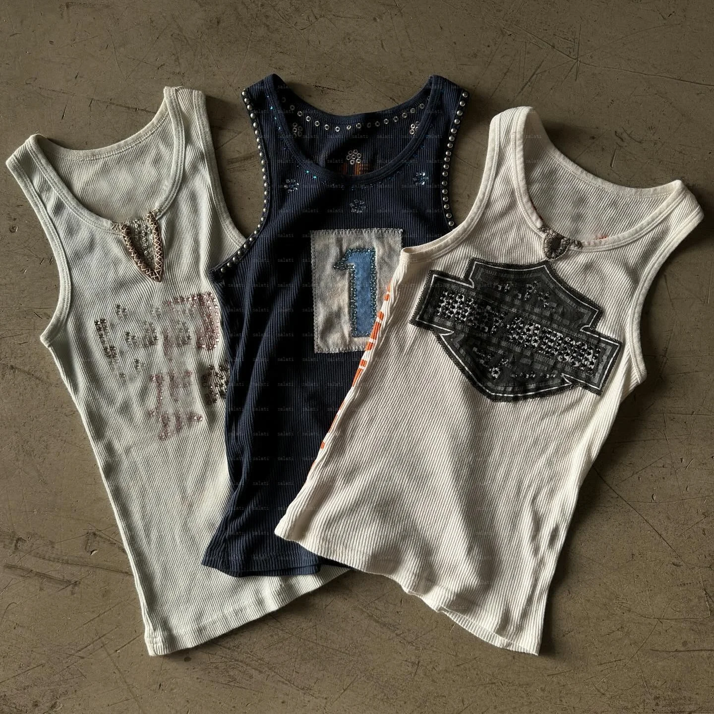 Salati High Quality Men's Tank Tops Studs Diamond Ribbed Sleeveless Embroidery Printed Tee T-shirts Rhinestone T Shirts Unisex