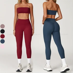 Women's Butt Lift Strapless Top & Yoga Leggings Wholesale Fitness Sports Athletic Apparel Gym Workout Sets with Solid Pattern