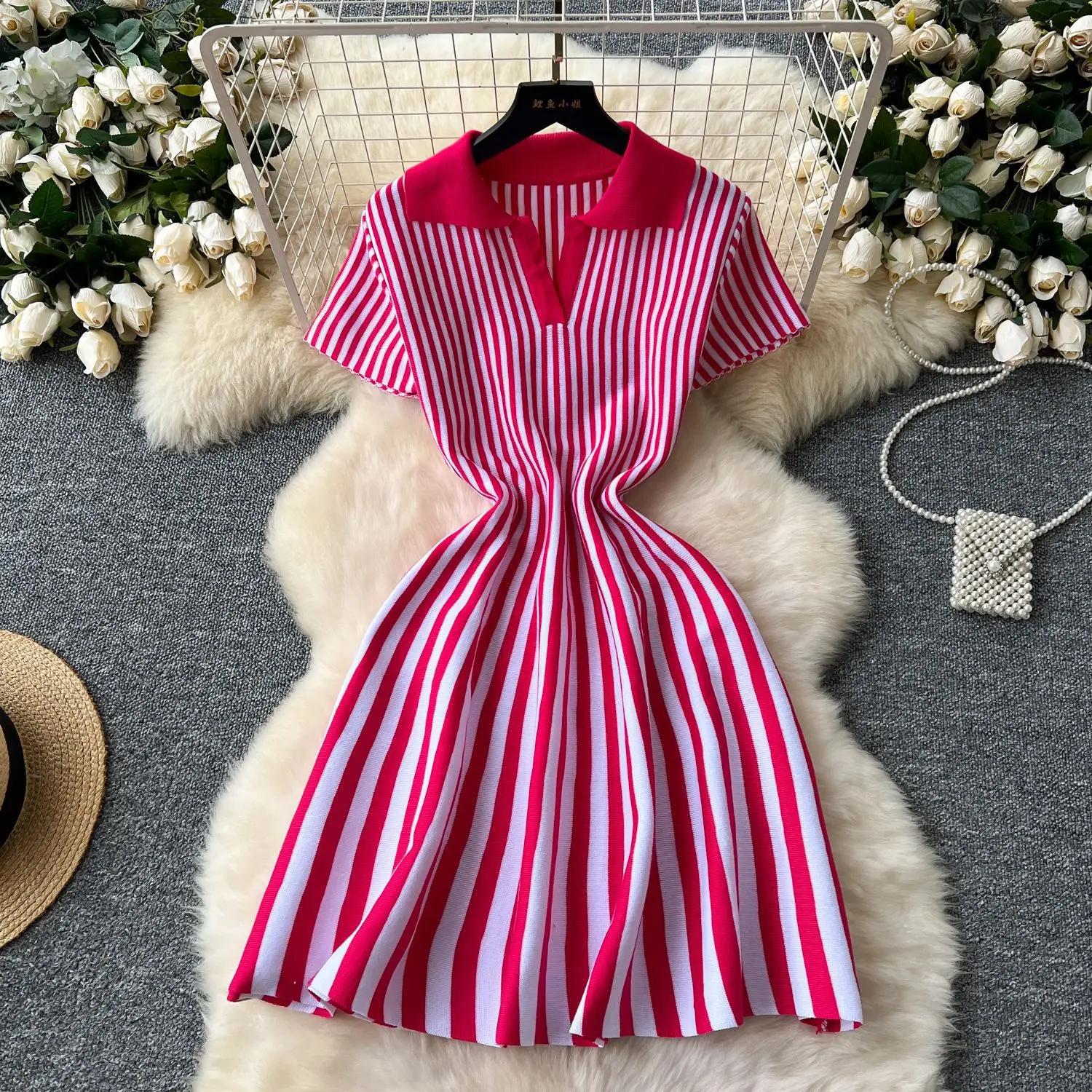 red and white knit dress Cap Sleeve Mock Neck Knit Dress/RED M