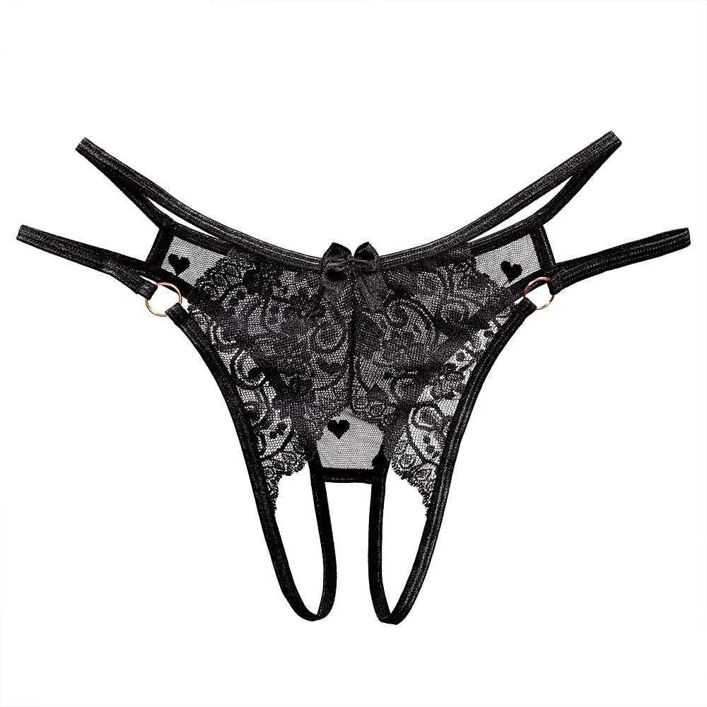 Sexy Lingerie Women's Lace Hollow Out Panties Crotch Opening Transparent  G-strings Thongs Solid Bowknot Underwear for Women