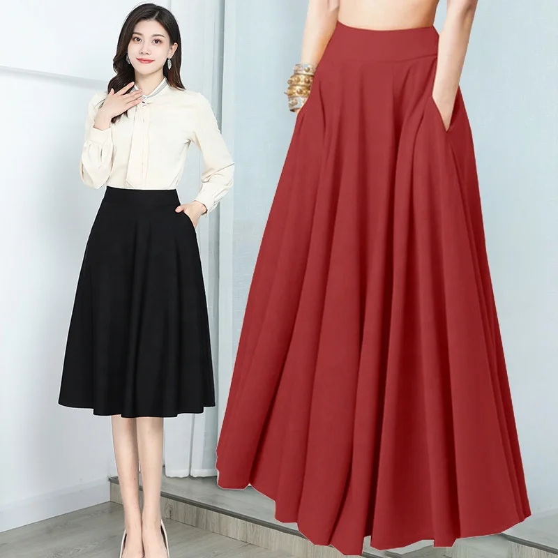 Women Long Pocket Skirts Black High Waist Floor Length Formal Clothes  Ladies Corporate Wear Office Outfits Pleated Skirt