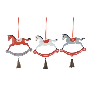 China businesses Wholesale Set of 3 red grey and white Metal Rocking Horse jingle bell Christmas Tree Decorations