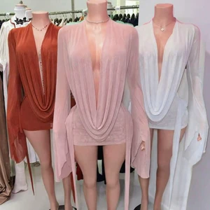 GX25222 Fashion Sexy Nigh Club Dresses Women Clothing Boutique Long Flare Sleeve Party Deep V-neck Mesh See Through Mini Dress