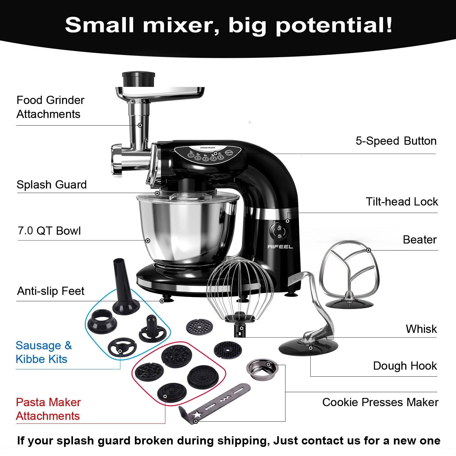 Aifeel 7 in 1 Multi-Functional Stand Mixer, 7L Tilt-Head Food