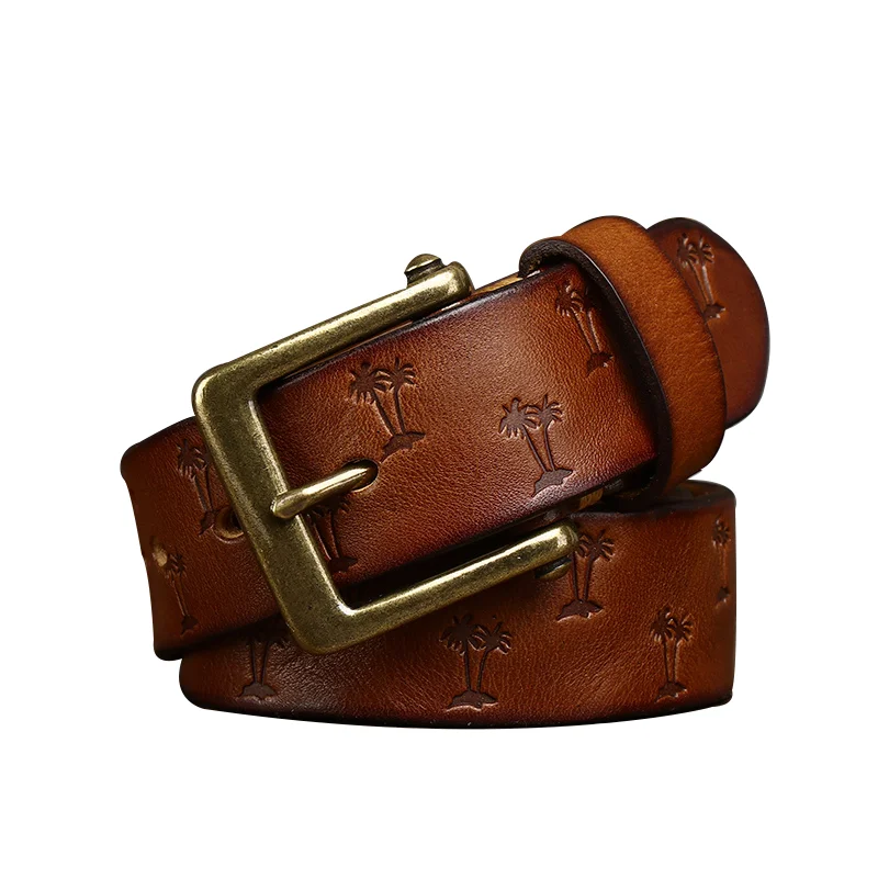 Vintage Korean Version Machine Pressed Pattern Italian Plant Tanned Male Leather Pure Cowhide Copper Buckle Belt Wholesale