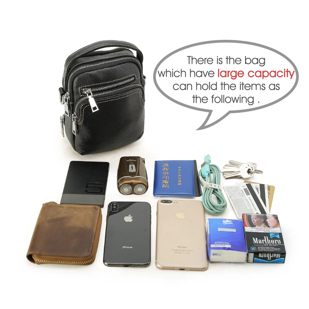 Custom ODM OEM Black Genuine Leather Men Crossbody Belt Bags Small Shoulder Cross Body Bag for Men Sling Bag