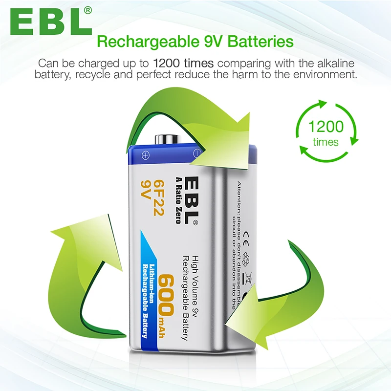 EBL 9v Rechargeable Battery Pack Lithium Ion Batteries 600mAh Lithium Battery Cell for Smoke Alarms