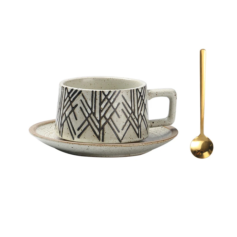 High Quality  Retro Style 300ml Porcelain Coffee Mug and Saucer Ceramic Coffee Cup Set