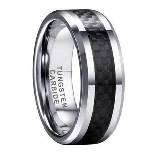 Coolstyle Jewelry 8mm Men Women Tungsten Carbide Ring Engagement Wedding Band Black Carbon Fiber Inlay Beveled Edges Comfort Fit
