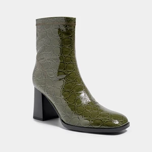Women's Croc-Embossed PU Ankle Boots with Square Toe and Block Heel in Olive Pattern Trend Setting