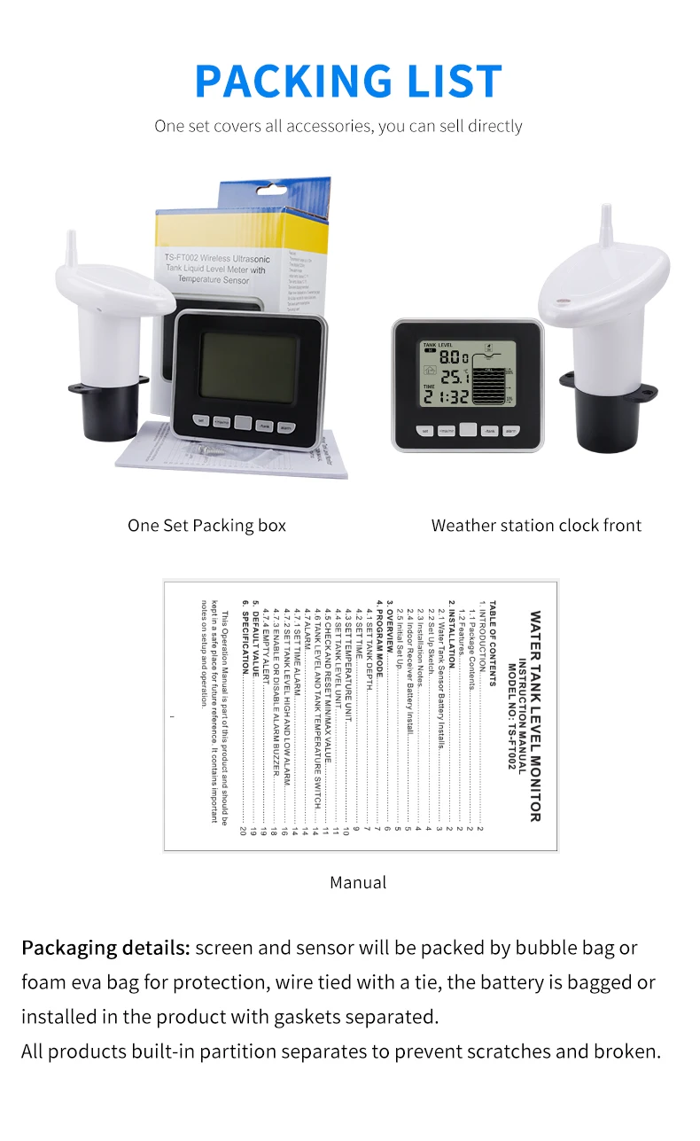 Ts-Ft002 Digital Signal Level-Meter Electronic Depth Wireless Transmitter Non-Contact Ultrasonic Water Tank Level Liquid Meter