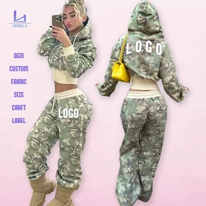 Huili Heavyweight Soft Cotton Wide Hem Crop Hoodie Shorts Two Piece Baggy Sweatpants Tracksuit Custom logo Camo Women Hoodie Set