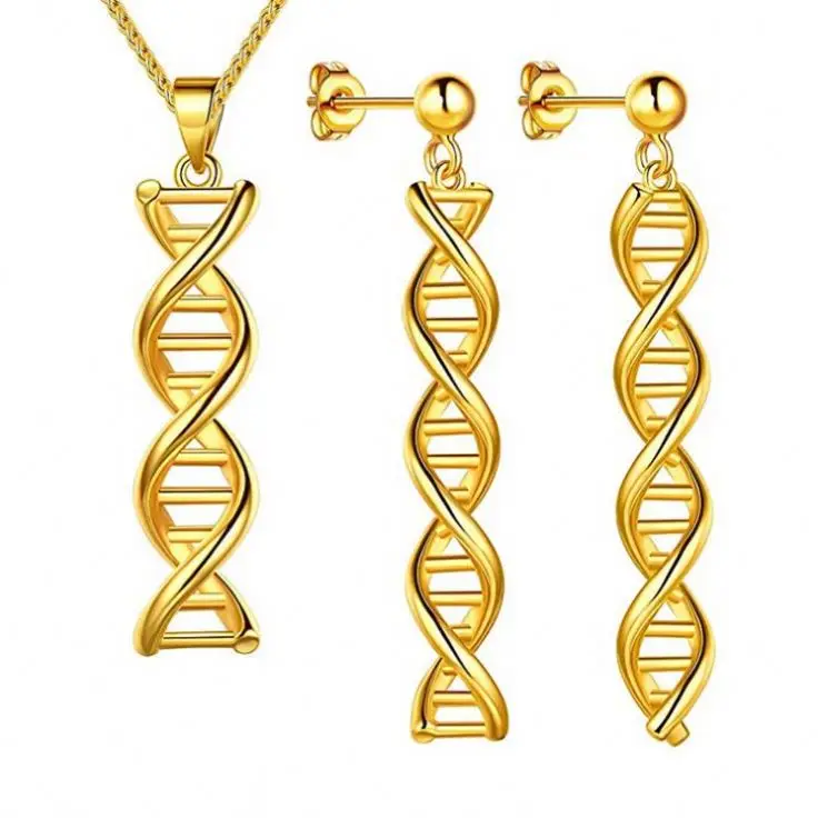 DNA Double Helix Chemistry Science Molecule Biology Necklace and Earrings Jewelry Set Silver18k