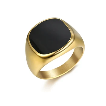 Wholesale custom fashion men jewelry high quality simple black enamel signet ring anel stainless steel gold signet finger ring