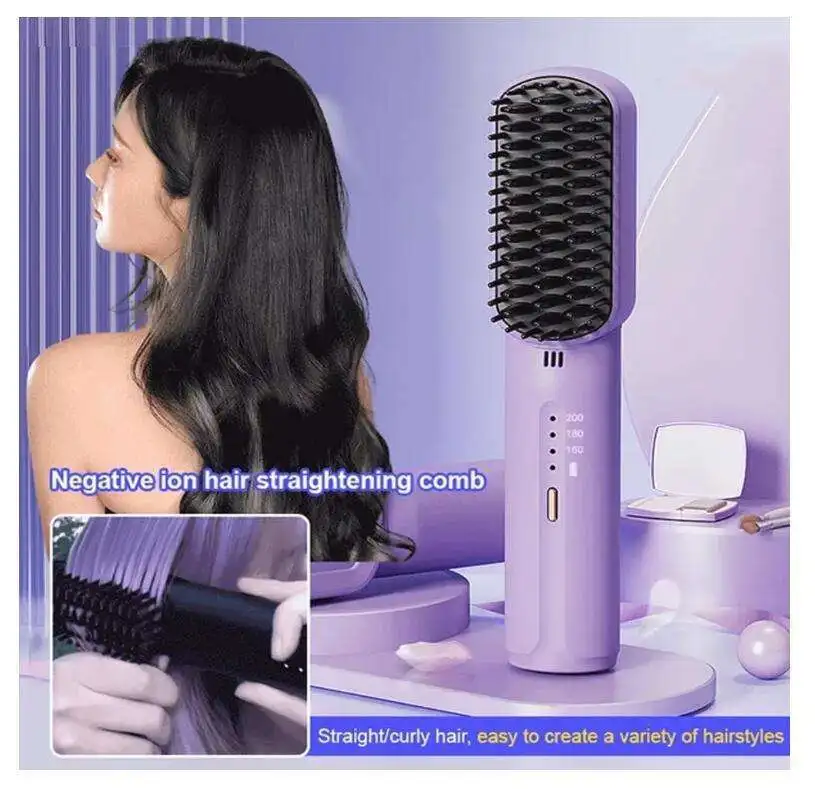 Cordless Heated Hair Brush Portable Straightener Brush