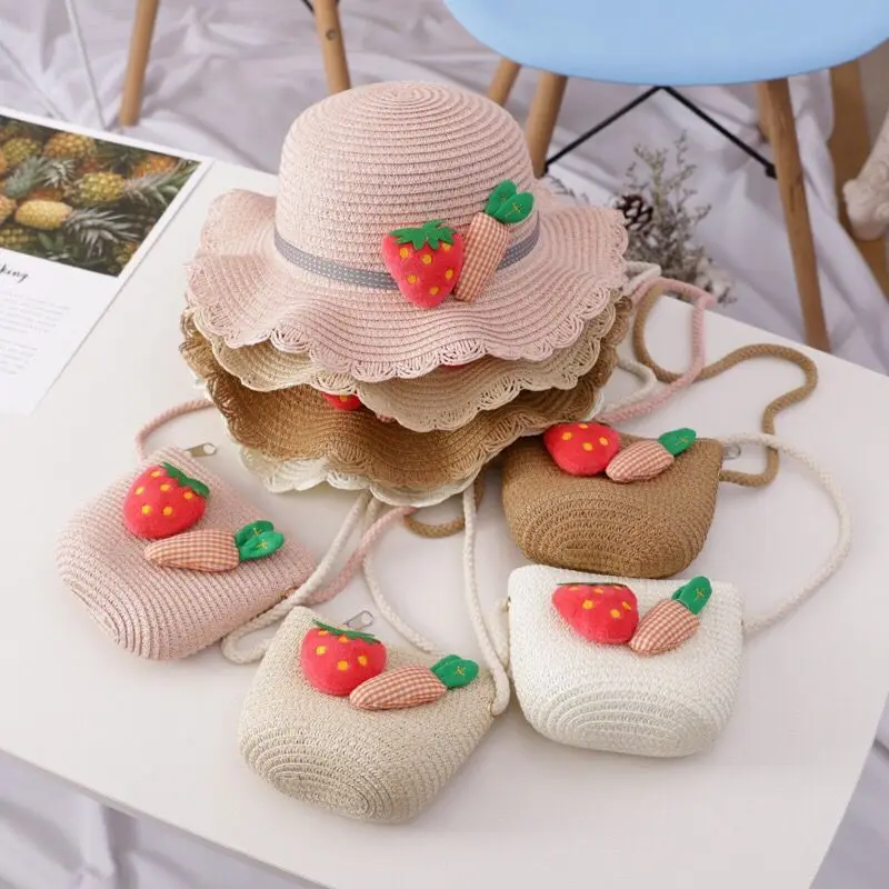 Straw Hat Bag Set Summer Beach Sun Cap 