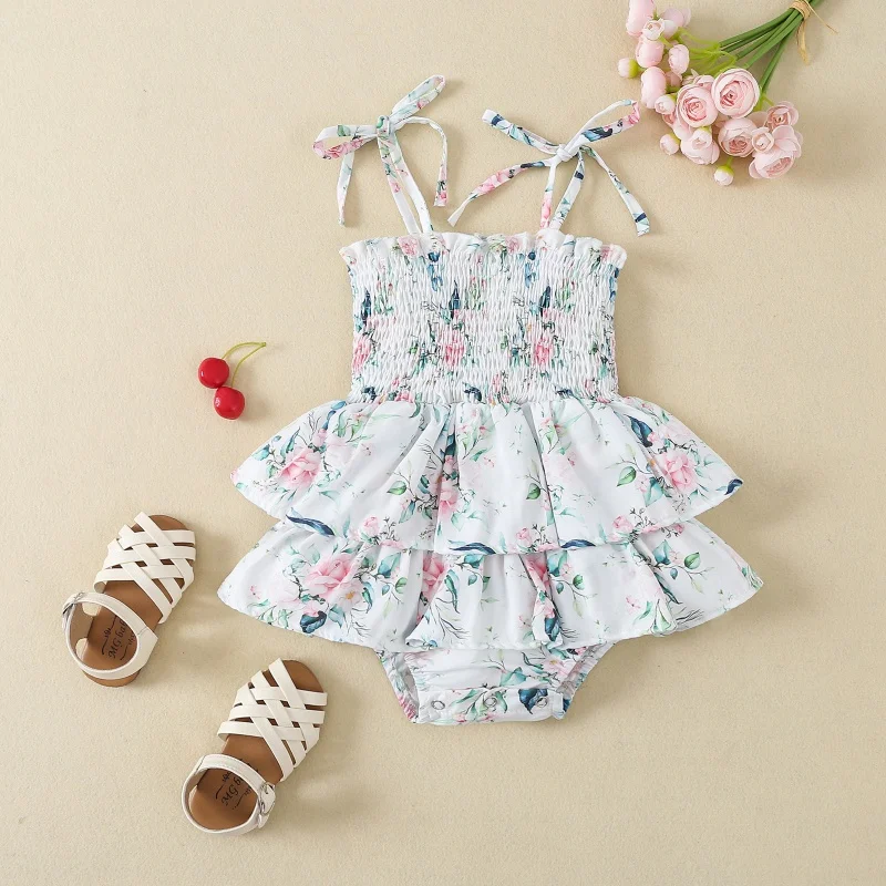 1 Pcs Logo Custom Toddler Summer Ruched Rompers Floral Print Tie-up ...