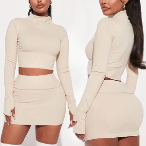 Huilil Custom Logo Women's 2-Piece Bodycon Outfits High Stretch Long Sleeve Slimming Crop Top Mini Skirt Hoodie Short Crop