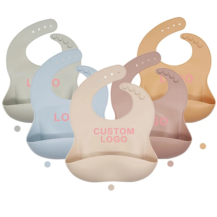 Wholesale multi color BPA free printed easily wipe clean soft waterproof custom logo silicone baby bibs for catcher