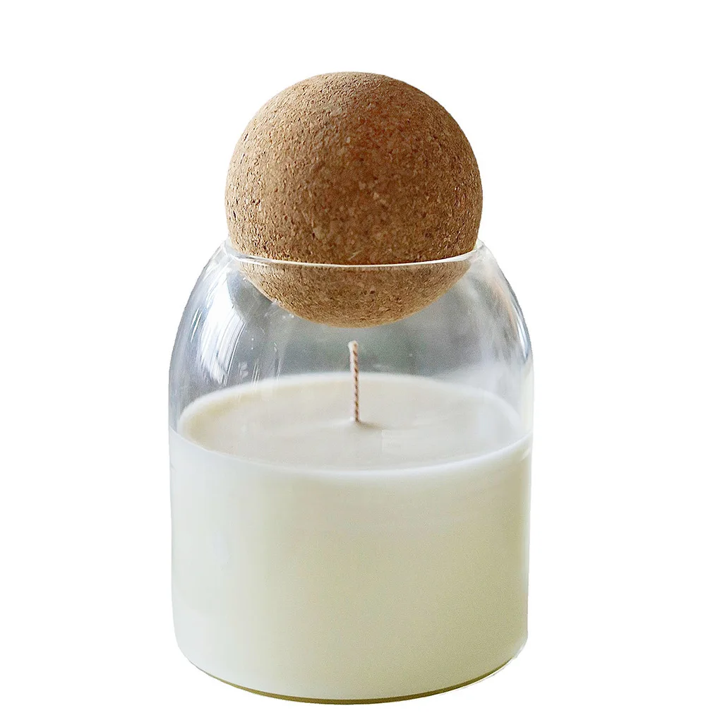 Unique Design Heat Resistant Borosilicate Scented Candle Vessel Nordic Empty Glass Candle Jar With Round Wooden Cork Ball Lids