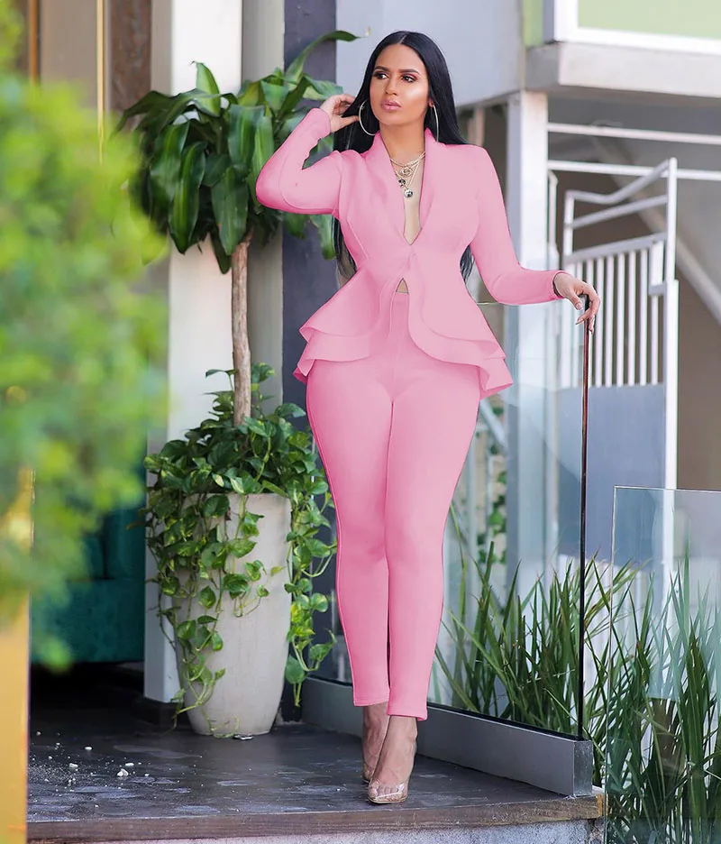 Fall Winter Women Uniform Set Full Sleeve Ruffles Blazers Pencil Pants Suit Two Piece Set Office Lady Outfits