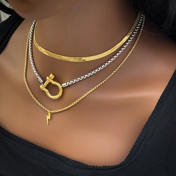 Waterproof Jewelry 18K Gold Plated Stainless Steel Box Chain Choker Necklace Double Color Chunky Horseshoe Necklace MK3097