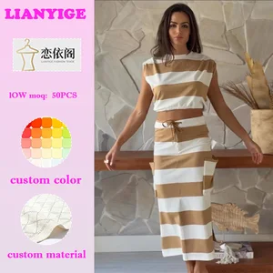2026 European American Summer New Arrival Padded Shoulder Striped Plus Size Women's Casual Maxi Dresses Two-Piece Set Natural
