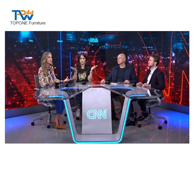 Customized White Big Broadcast Table of Radio TV Broadcasting Equipment Triangle Artificial Stone TV News Desk